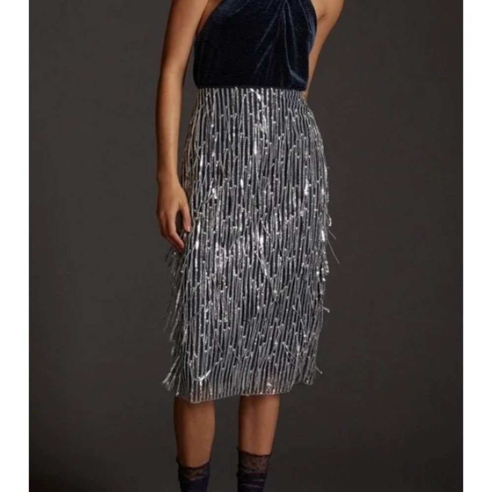 Anthropologie Sequined Fringed Midi Skirt With Side Slit in Silver sz 4